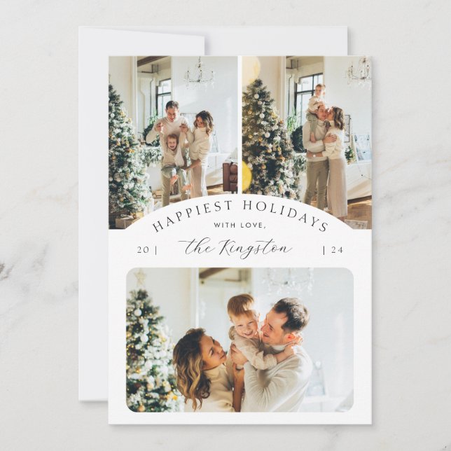 Happiest Holidays | Elegant Black 3 Photo Collage Holiday Card (Front)