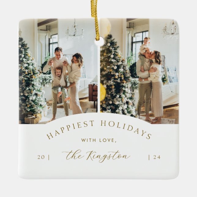 Happiest Holidays | Elegant Gold 2 Photo Collage Ceramic Ornament (Front)