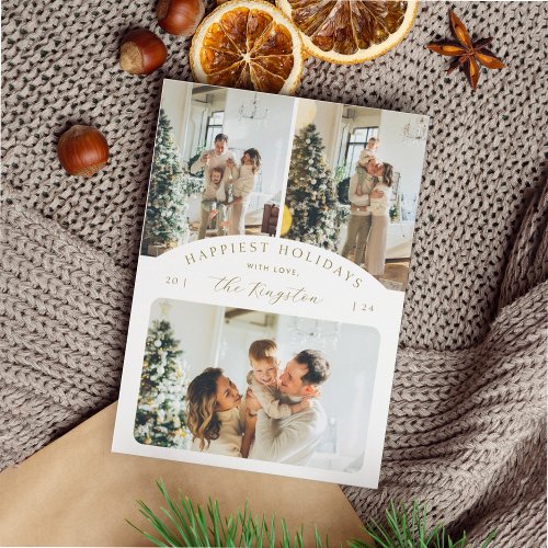 Happiest Holidays  Elegant Gold 3 Photo Collage Holiday Card