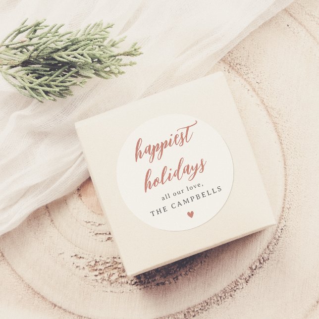 Happiest Holidays Family Name & Boho Heart Classic Round Sticker (Creator Uploaded)