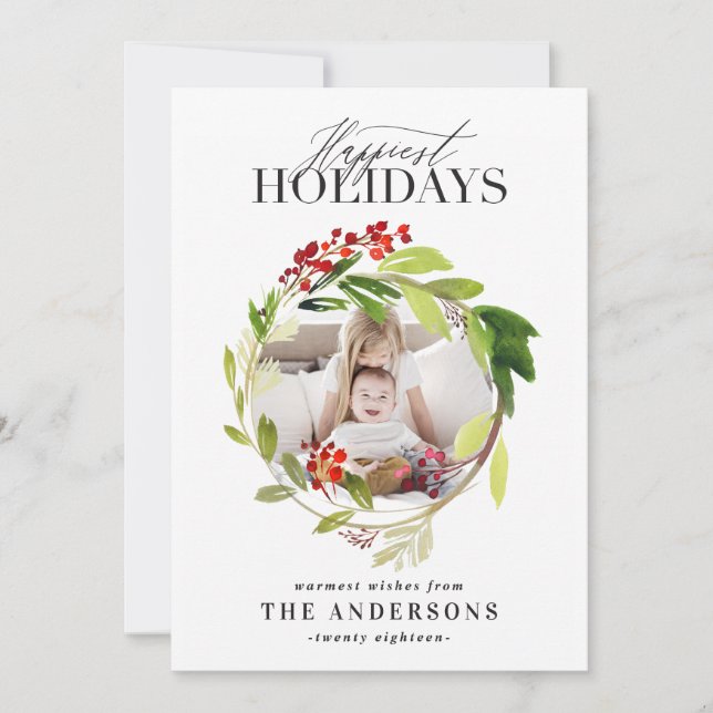 Happiest Holidays floral wreath photo Holiday Card (Front)