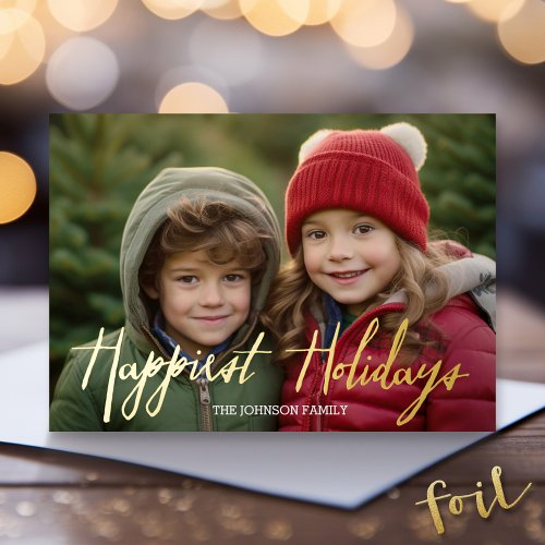 Happiest Holidays Full Photo Script _ Plaid Accent Foil Holiday Card