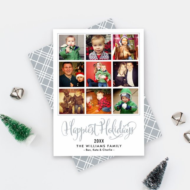 Happiest Holidays Gray Photo Collage Grid Holiday Card (Creator Uploaded)