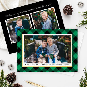Happiest Holidays Green Plaid Gold Foil Photo Holiday Card