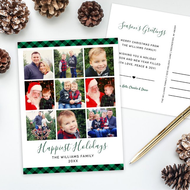 Happiest Holidays Green Plaid Photo Collage Holiday Postcard (Creator Uploaded)