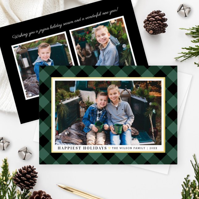 Happiest Holidays Hunter Plaid Gold Foil Photo Foil Holiday Card (Creator Uploaded)