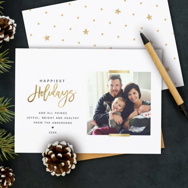 Happiest Holidays Minimalist Gold Modern Photo Holiday Card (Creator Uploaded)