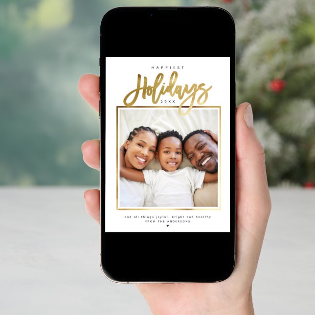 Happiest Holidays Minimalist Gold Photo Collage Holiday Card (Front Digital)