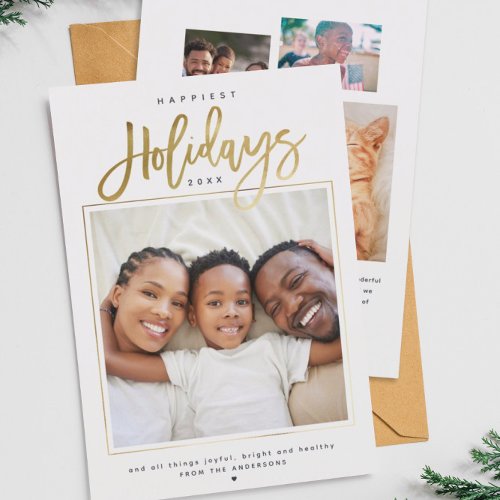 Happiest Holidays Minimalist Gold Photo Collage Holiday Card