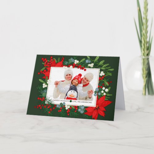 Happiest Holidays Mistletoe and Poinsettia Photo Holiday Card