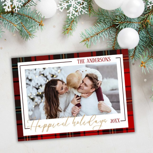 Happiest holidays modern 1 family photo red plaid holiday card (Creator Uploaded)