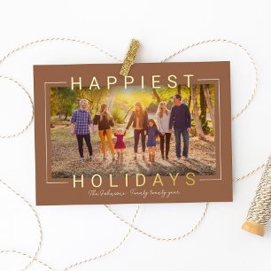 Happiest Holidays Modern Brown Gold Frame Foil Holiday Card