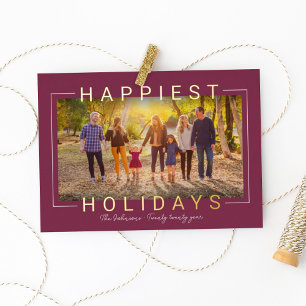 Happiest Holidays Modern Burgundy Gold Frame Foil Holiday Card