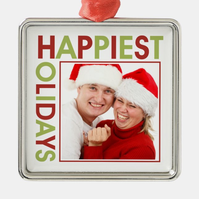 Happiest Holidays modern christmas family photo Metal Ornament (Front)