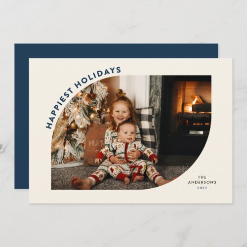 Happiest Holidays Modern Frame Blue Letters  Holiday Card