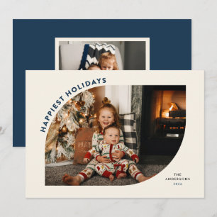 Happiest Holidays Modern Frame Blue Letters Holiday Card