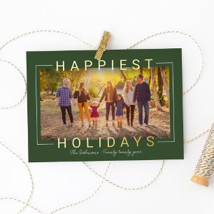 Happiest Holidays Modern Green Gold Frame Foil Holiday Card