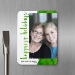 Happiest Holidays Modern Off Center 1 Photo Green Magnet<br><div class="desc">Christmas green - Use a vertical photo to make a unique and trendy Merry Christmas greeting with a bright and joyful watercolor splash. This design has an abstract feel to it with painted elements and a handwritten font. If you need to move anything around, click on the customize button to...</div>