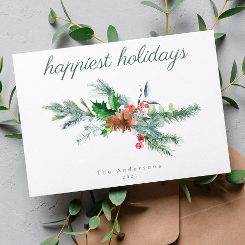 Happiest Holidays  Modern Oval Botanical Holly  Holiday Card