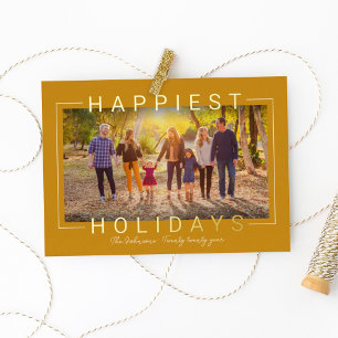 Happiest Holidays Modern Yellow Gold Frame Foil Holiday Card