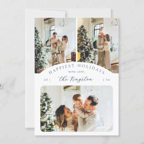 Happiest Holidays  Navy Blue 3 Photo Collage Holiday Card