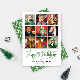 Happiest Holidays Photo Collage Grid Green Holiday Card