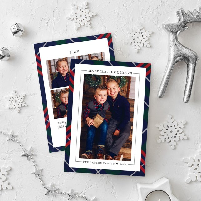 Happiest Holidays Preppy Plaid Frame Photo Holiday Card (Creator Uploaded)