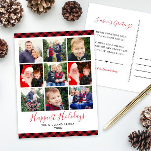 Happiest Holidays Red Buffalo Plaid Photo Collage Holiday Postcard