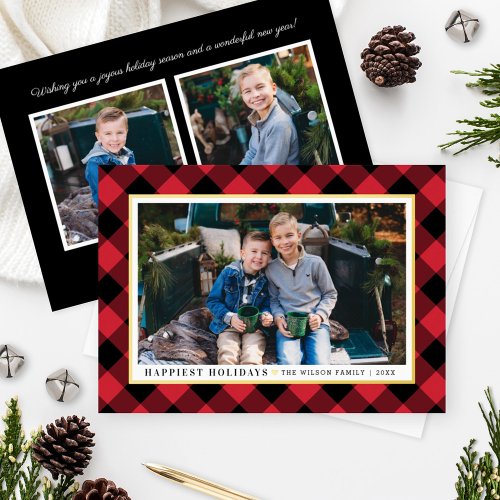 Happiest Holidays Red Buffalo Plaid Photo Gold Foil Holiday Card