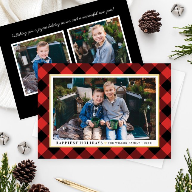 Happiest Holidays Red Plaid Gold Foil Photo Foil Holiday Card (Creator Uploaded)
