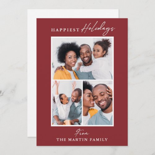 Happiest Holidays Red Three Photo Collage Holiday Card