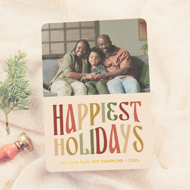 Happiest Holidays Retro Colorful Christmas Photo Foil Holiday Card (Creator Uploaded)