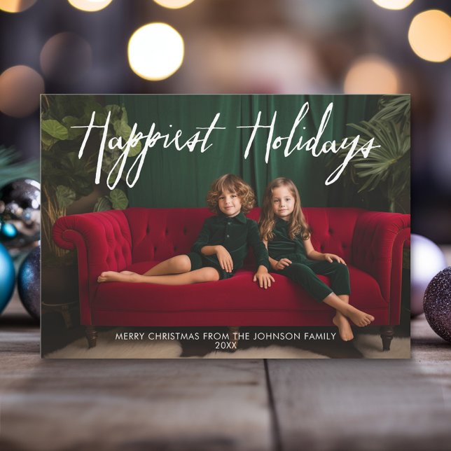 Happiest Holidays Retro Full Photo - Funky Stripes Holiday Card (Modern Christmas Photo Greeting Card)