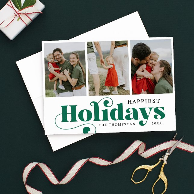 Happiest Holidays Script Collage Letterpress Photo Cards (Creator Uploaded)