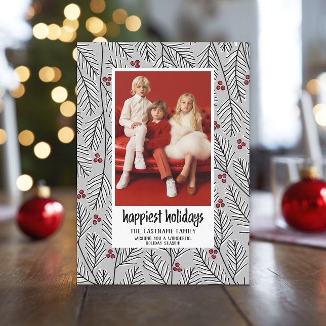 Happiest Holidays - Silver Black Red - 1 Photo Holiday Card (Custom Holiday Photo Greeting Card)