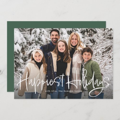 Happiest holidays simple fun script photo green holiday card