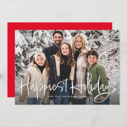 Happiest holidays simple fun script photo red holiday card