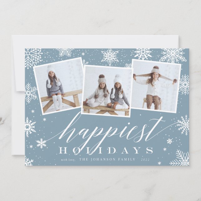 Happiest Holidays | Snowflake 3 Photo Collage Holiday Card (Front)