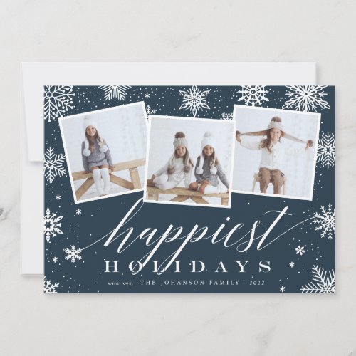 Happiest Holidays  Snowflake 3 Photo Collage Holiday Card