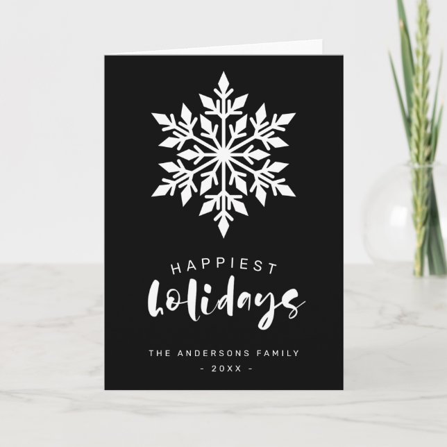 Happiest Holidays Snowflake Custom Black Business Holiday Card (Front)