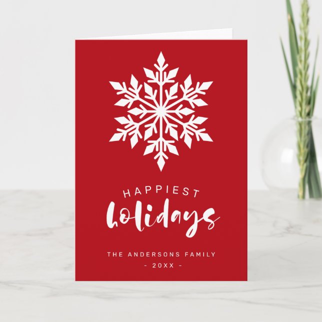 Happiest Holidays Snowflake Custom Red Business Holiday Card (Front)