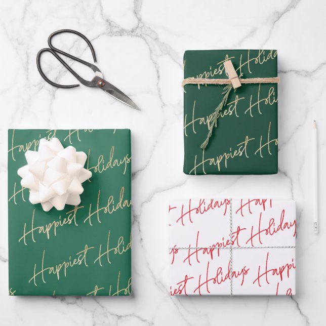 Happiest Holidays Text Wrapping Paper Sheets (Front)