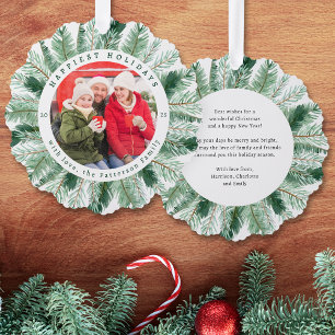 Happiest Holidays Watercolor Floral Wreath Photo Ornament Card