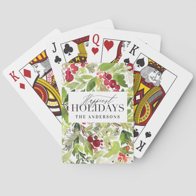 Happiest Holidays watercolor foliage christmas  Poker Cards (Back)