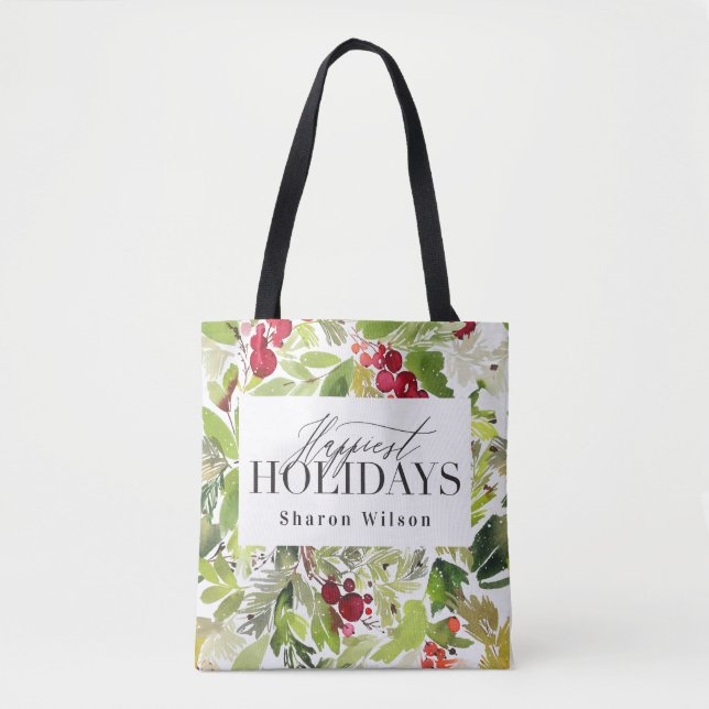 Happiest Holidays watercolor foliage christmas Tote Bag (Front)