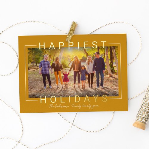 Happiest Modern Gold Text Golden Yellow Photo Foil Holiday Card