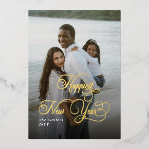 Happiest New Year Elegant Script Family 4 Photo Foil Holiday Card
