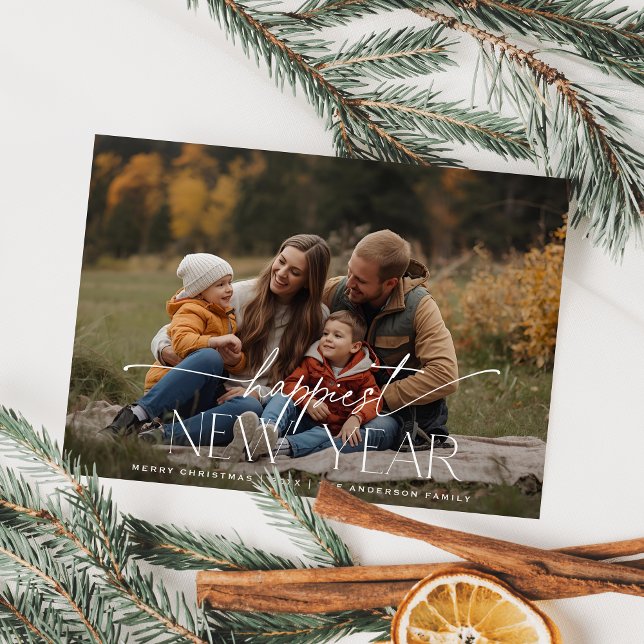 Happiest New Year Elegant Typography Photo Holiday Card (Creator Uploaded)