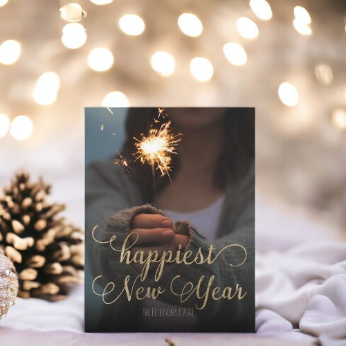 Happiest New Year gold modern typography photo Holiday Postcard