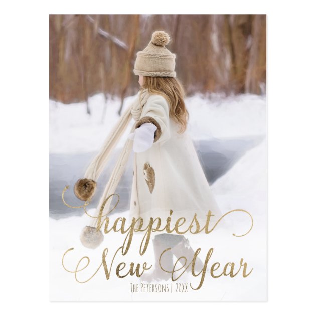 Happiest New Year Gold Modern Typography Photo Postcard